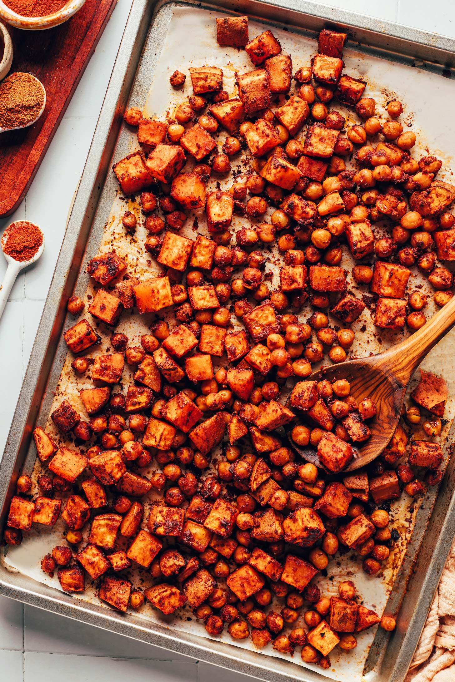 Baking sheet of BBQ roasted chickpeas and sweet potatoes