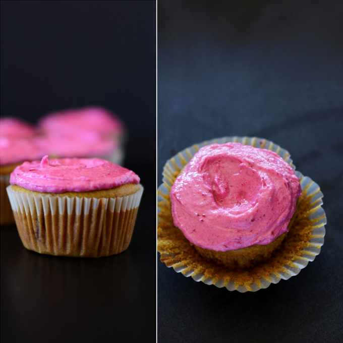 Side and top view of a Strawberry Cupcake made with beet frosting