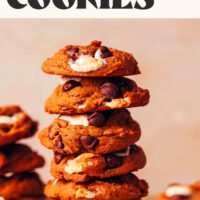 Stack of cookies with text above it reading 1-bowl vegan s'mores cookies ready in 25 minutes