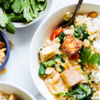 Bowl of white rice and vegetable panang curry with tofu
