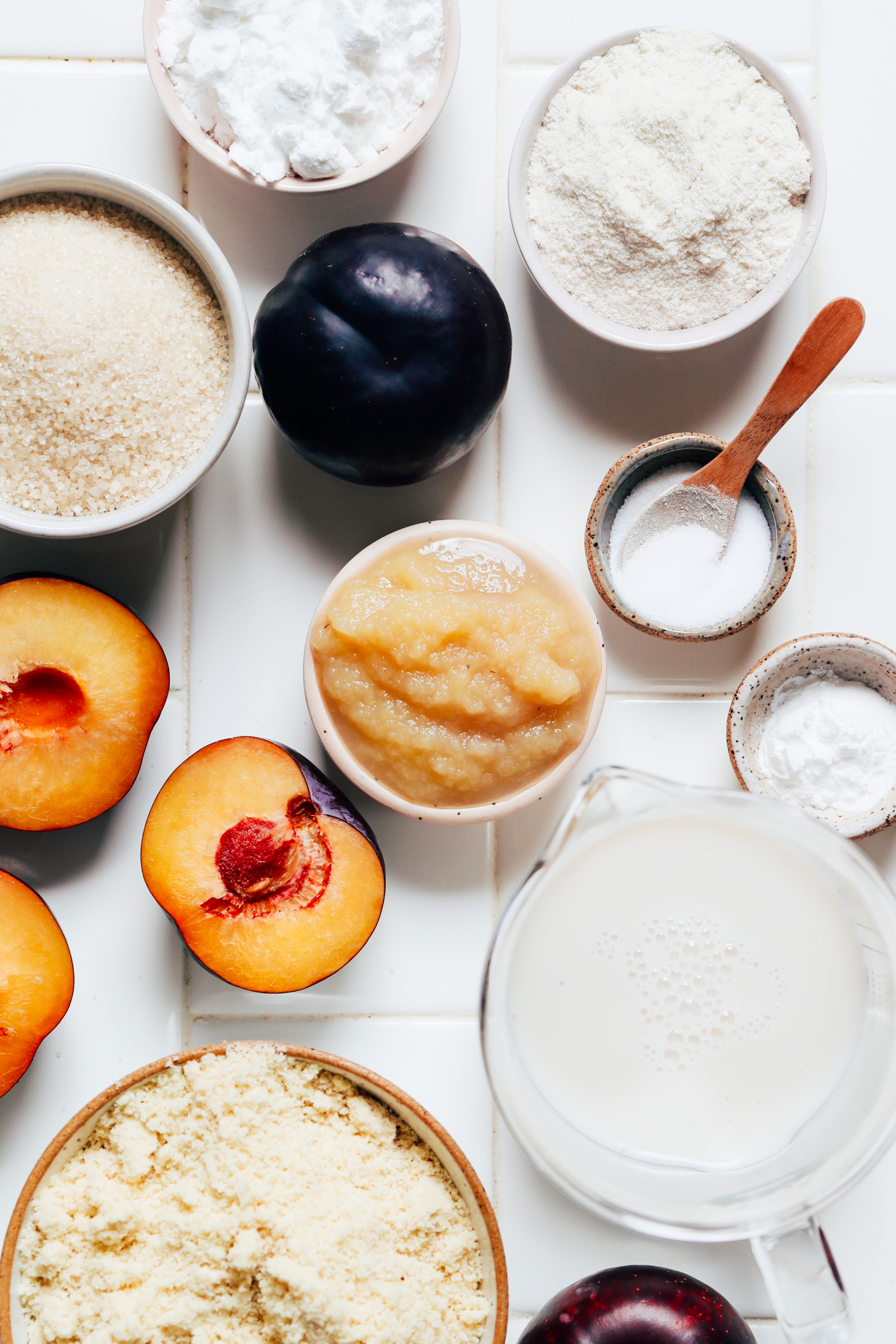 Plums, cane sugar, gluten-free flours, applesauce, salt, baking powder, and almond flour