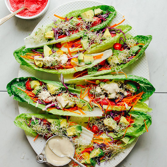 Platter of Raw Romaine Taco Boats for a refreshing vegan dinner