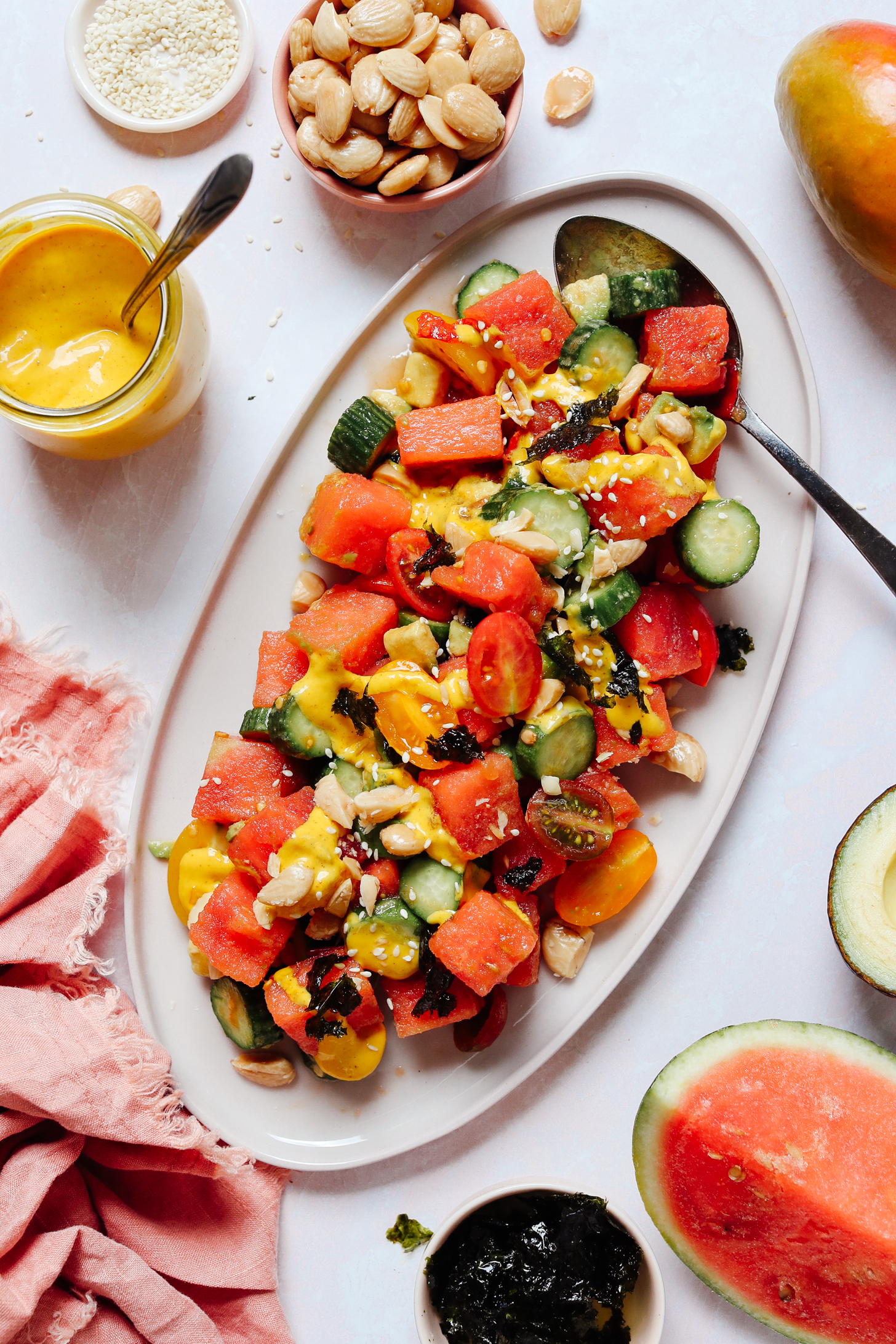 Platter of spicy watermelon salad inspired by True Food Kitchen